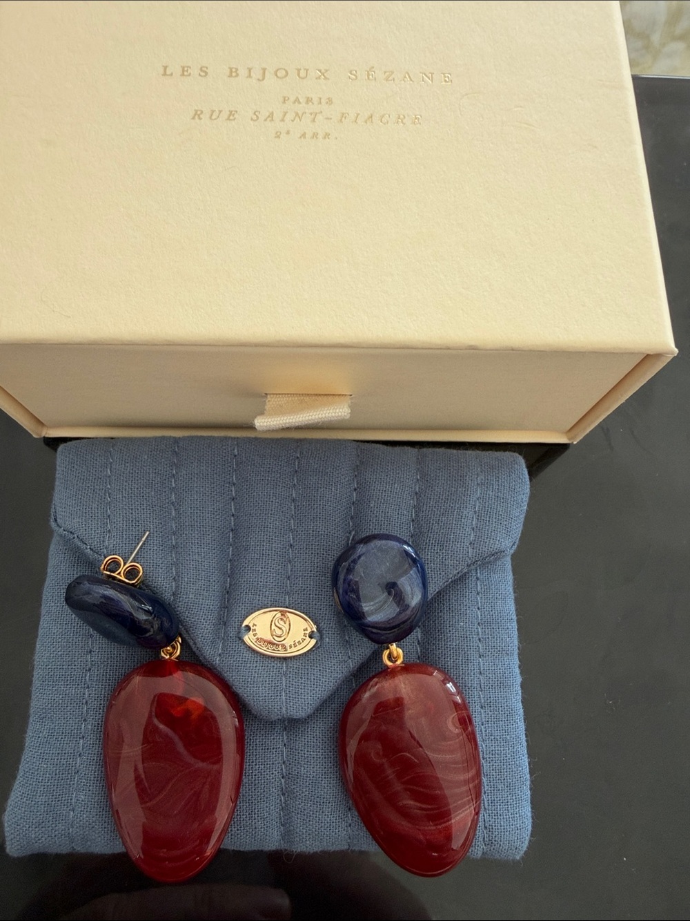 Sézane Carla Red and Navy Resin Drop Earrings